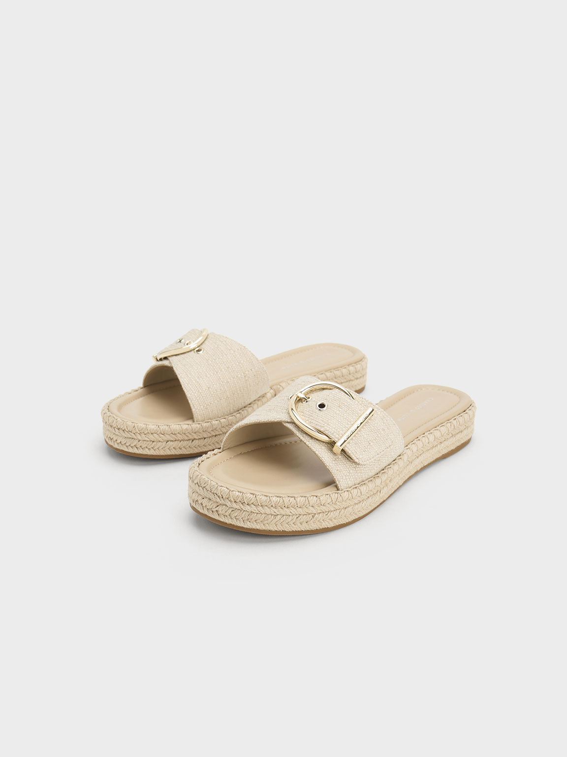 Linen Buckled Espadrille Flat Sandals, Beige, hi-res
