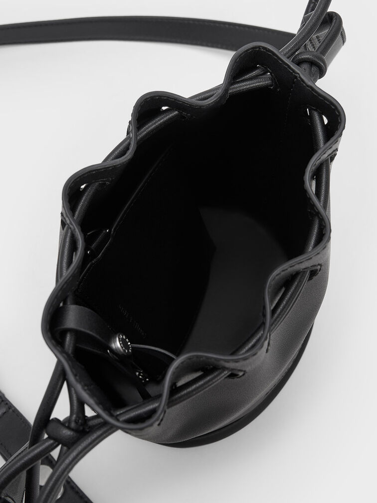 Blossom Drawstring Bucket Bag, Black, hi-res