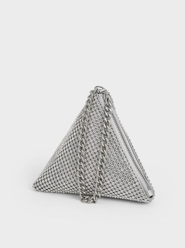 Crystal-Embellished Chain-Handle Triangle Clutch, Silver, hi-res