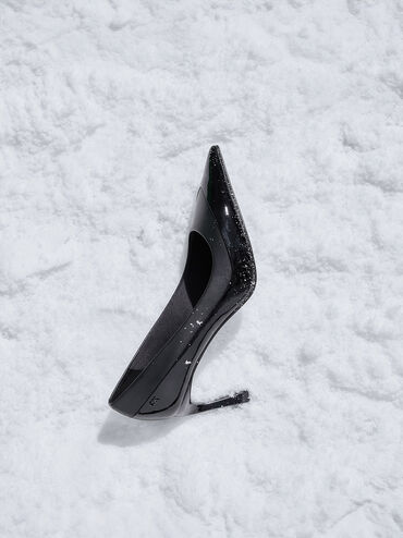 Leather & Patent Pointed-Toe Pumps, Black, hi-res