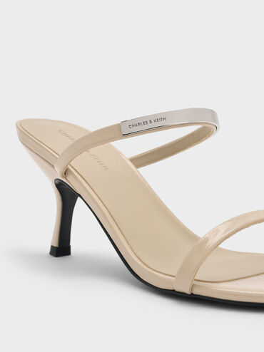 Patent Metallic-Accent Double-Strap Heeled Sandals, Beige, hi-res