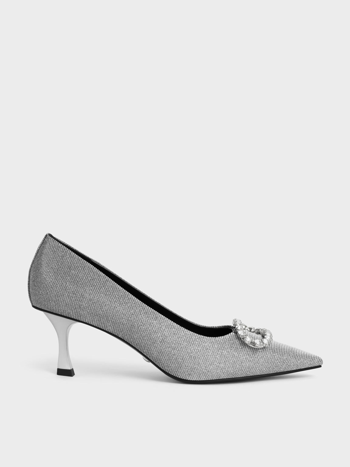 Gem-Embellished Glittered Pumps, Pewter, hi-res