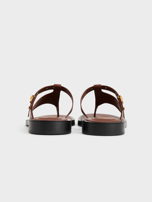 Leather Asymmetric Thong Sandals, Brown, hi-res