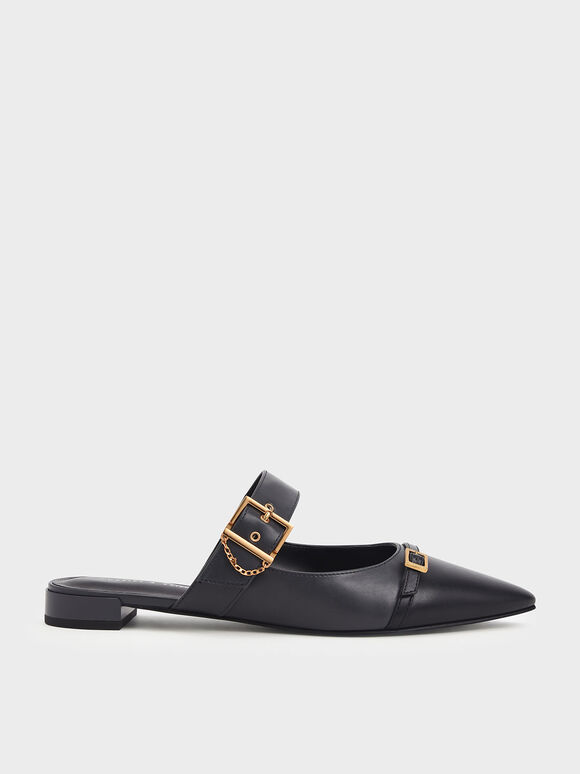 Lunar New Year Collection: Hadley Double Buckle Flat Mules, Dark Blue, hi-res