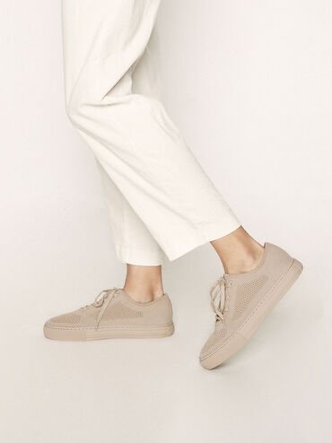 Knitted Lace-Up Sneakers, Nude, hi-res
