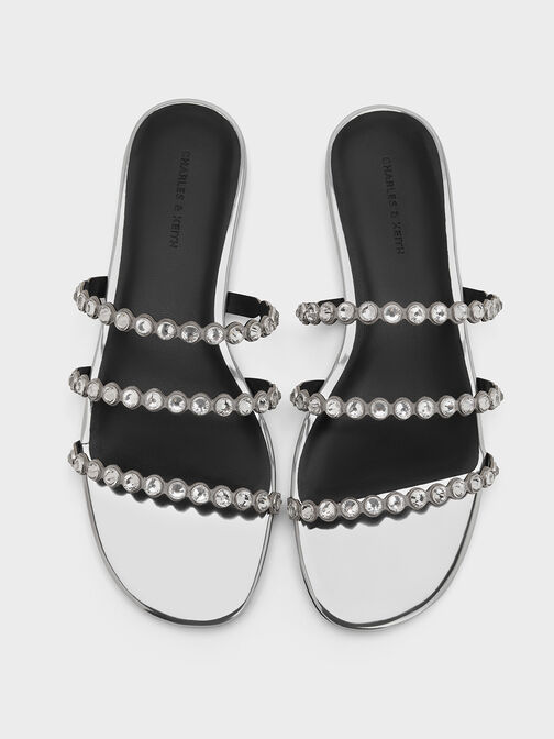 Crystal-Embellished Triple-Strap Sandals, Silver, hi-res
