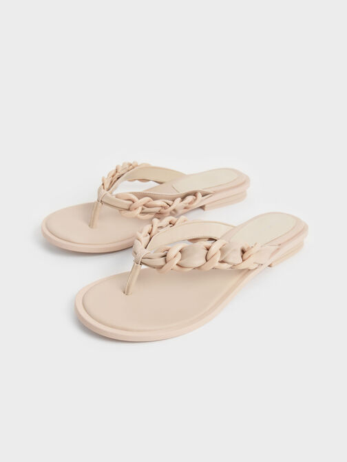 Braided Chain-Link Strap Thong Sandals, Chalk, hi-res