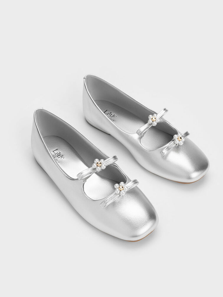 Girls' Floral Beaded Metallic Ballerinas, Silver, hi-res