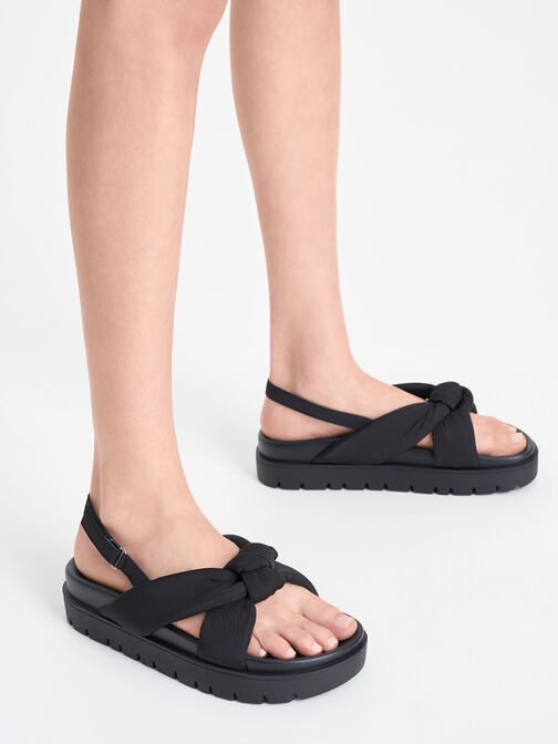 Sandalias con plataforma plana anudada de nailon, Negro, hi-res