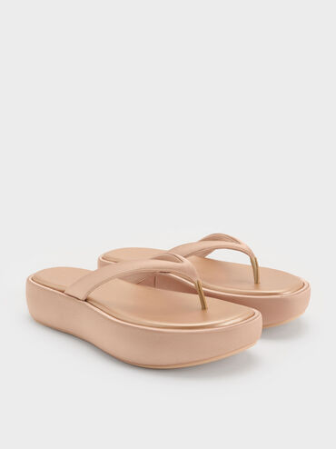 Satin Thong Flatform Sandals, Nude, hi-res