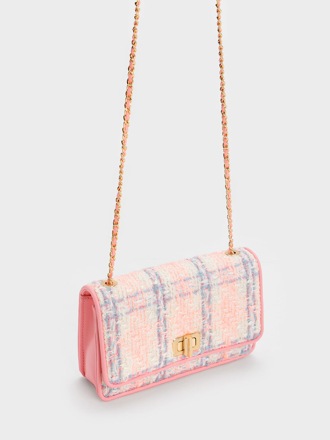 Metallic Turn-Lock Tweed Quilted Clutch, Pink, hi-res