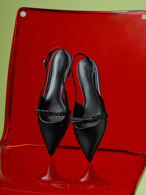 Kaleen Woven-Bow Slingback Flats, Black, hi-res
