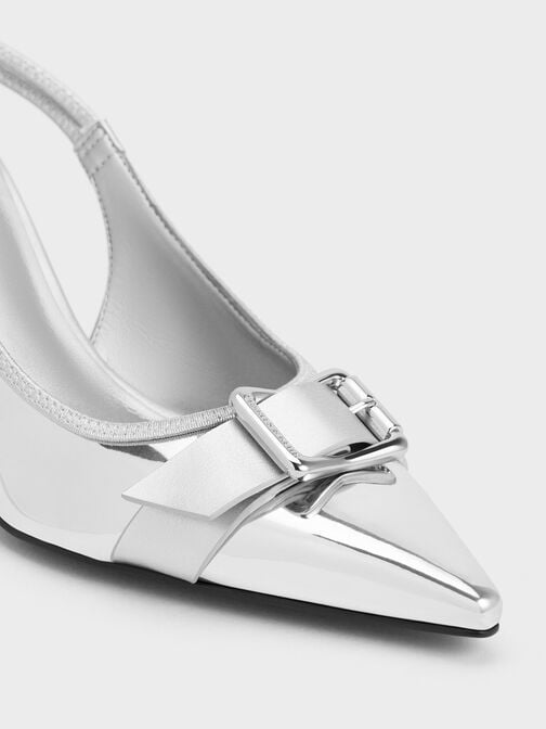 Zapatos de tacón destalonados efecto metalizado con punta afilada y hebilla, Plateado, hi-res