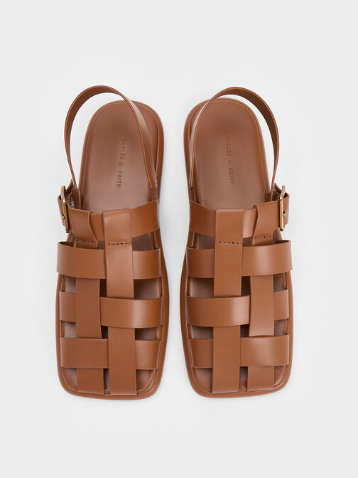 Metallic Buckle Caged Slingback Sandals, Cognac, hi-res