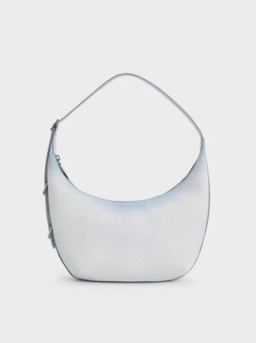 Bolso hobo curvo Bryna en denim, Denim claro desgastado, hi-res