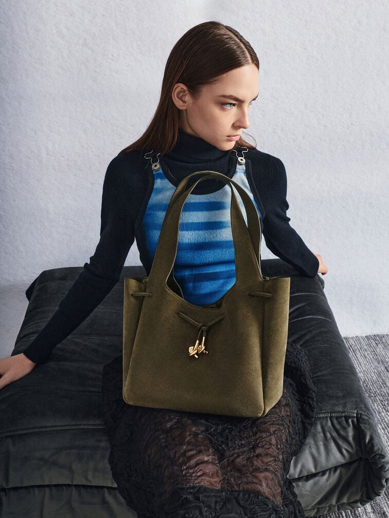 Mila 麂皮扭結托特包, 深橄欖綠, hi-res