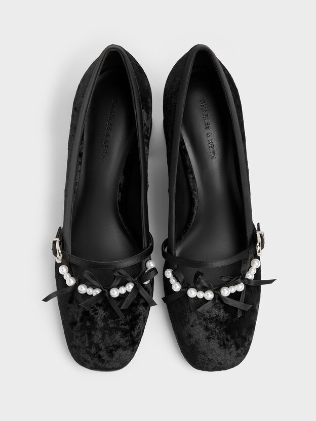 Scarpin Mary Jane Noelie em Veludo e Cetim com La&ccedil;o de P&eacute;rola, Preto texturizado, hi-res