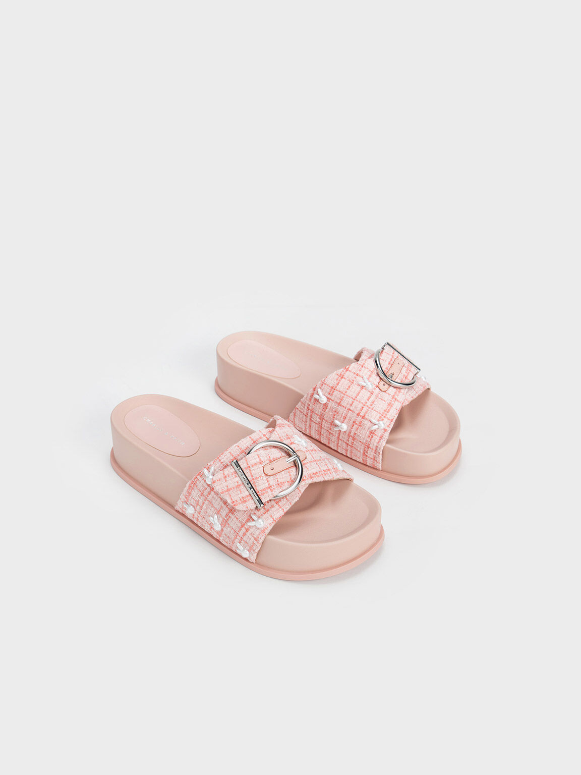 Bunny Tweed Buckled Slides, Pink, hi-res