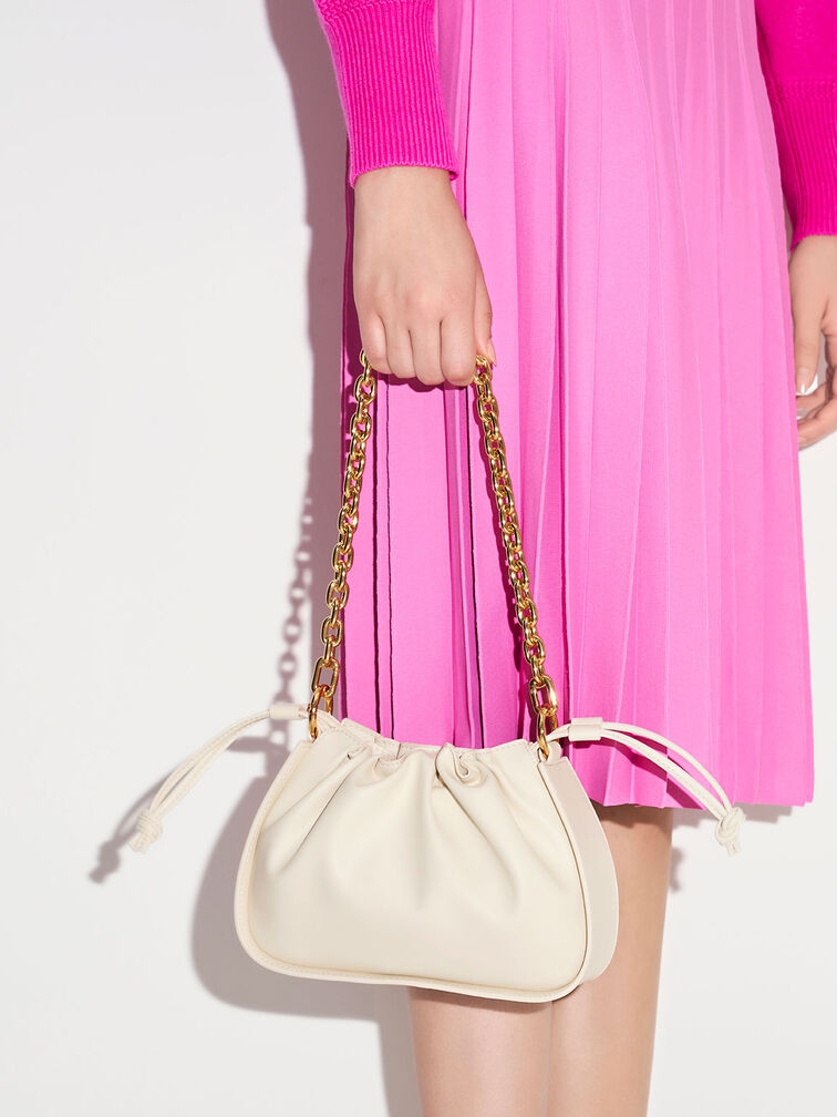 Ruched Chain Handle Drawstring Bag, Chalk, hi-res