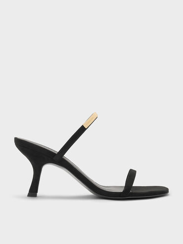 Faux Suede Metallic-Accent Double-Strap Heeled Sandals, Black Textured, hi-res
