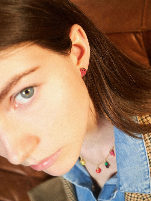 Fruits Stud Earrings, Red, hi-res