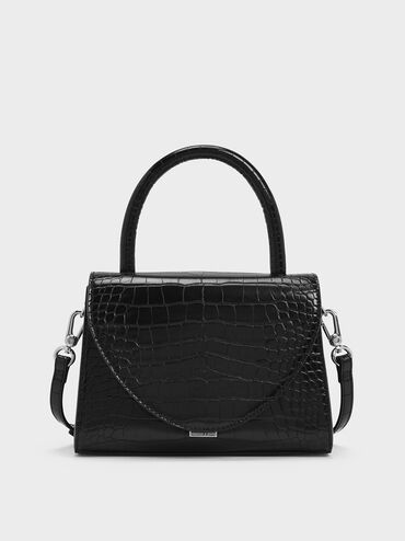 Croc-Effect Structured Top Handle Bag, Black, hi-res