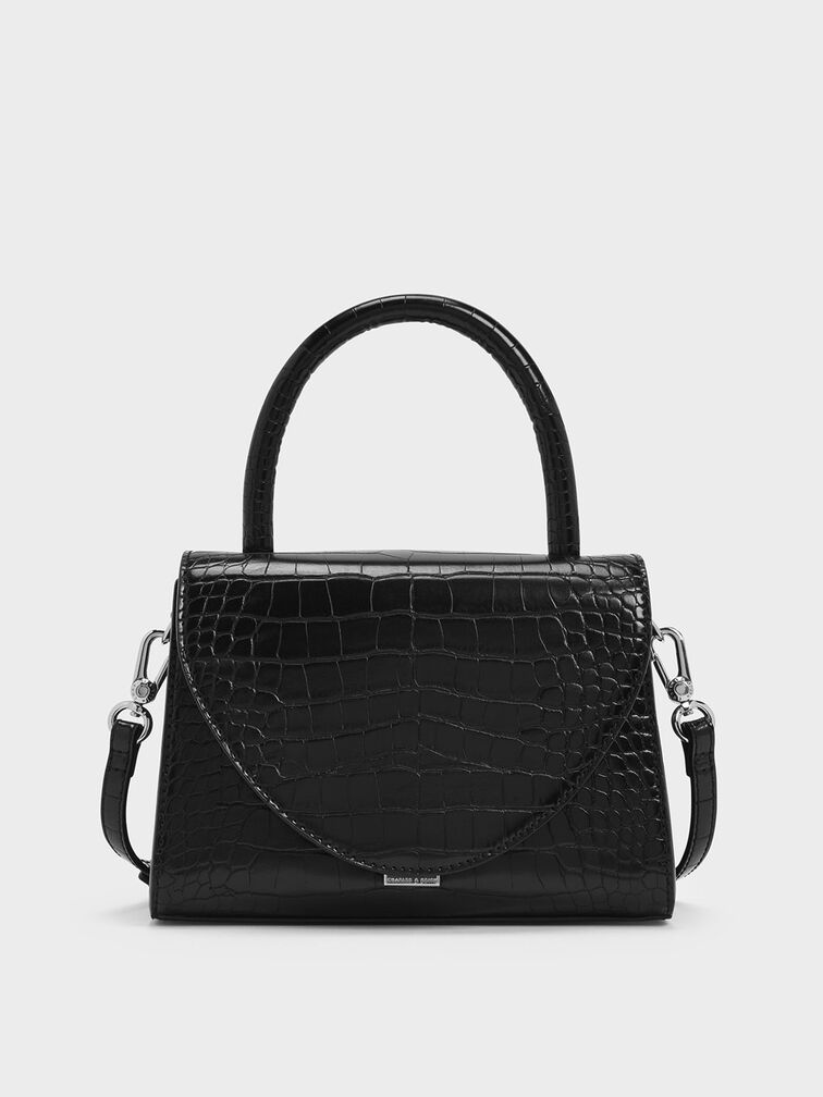 Croc-Effect Structured Top Handle Bag, Black, hi-res