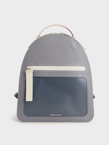 Front Zip Backpack, Grey, hi-res