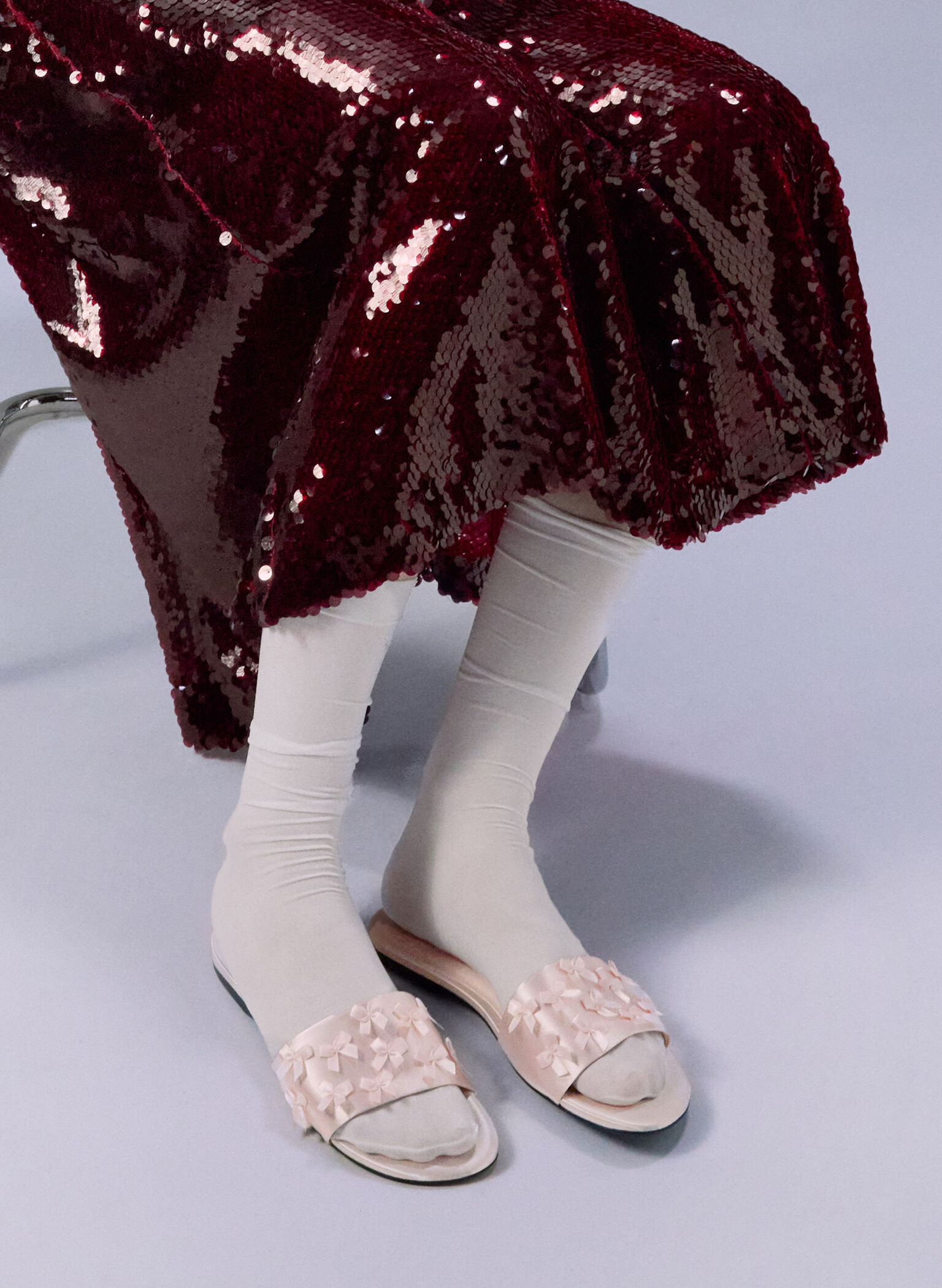 Satin Bow Slide Sandals, Blush, hi-res
