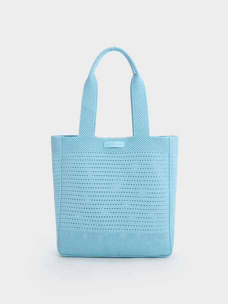 Knitted Tote Bag, Light Blue, hi-res
