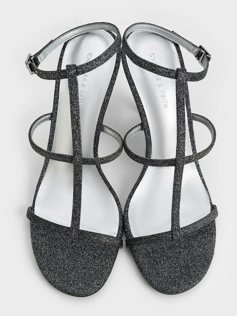 Sandalias de pulsera con barra en T y purpurina, Negro texturizado, hi-res