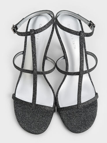 Glittered T-Bar Ankle-Strap Sandals, Black Textured, hi-res