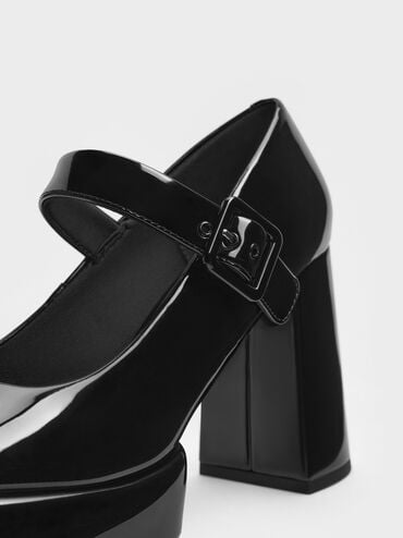 Patent Block-Heel Platform Mary Jane Pumps, Noir verni, hi-res