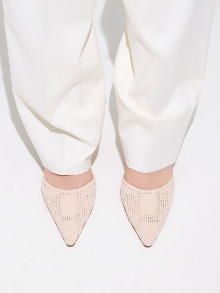 Mesh Woven Heeled Mules, Cream, hi-res