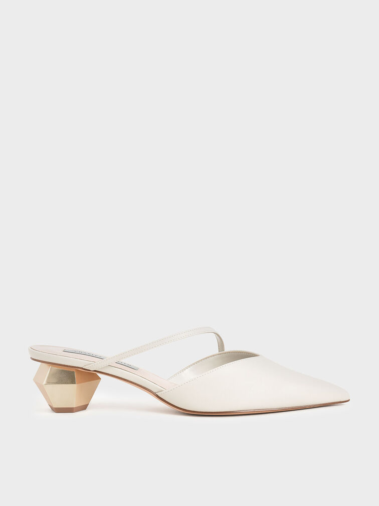 Asymmetric Strap Chrome Heel Mules, Chalk, hi-res