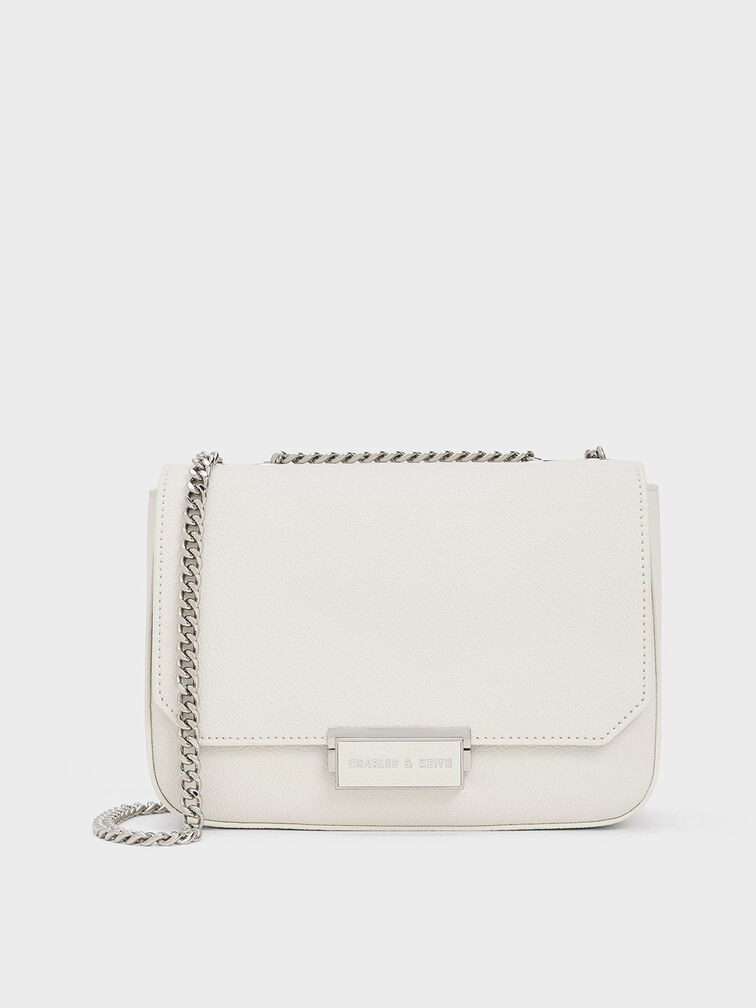 Bolso con correa de cadena, Blanco, hi-res