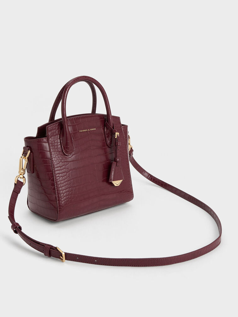 Bolso Tote Estructura Trapecio con Efecto de Cocodrilo, Burgundy, hi-res