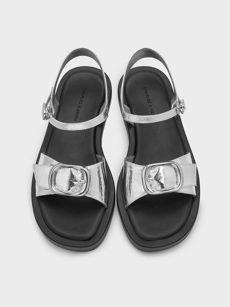 Metallic Buckled Slingback Sandals, Plateado, hi-res