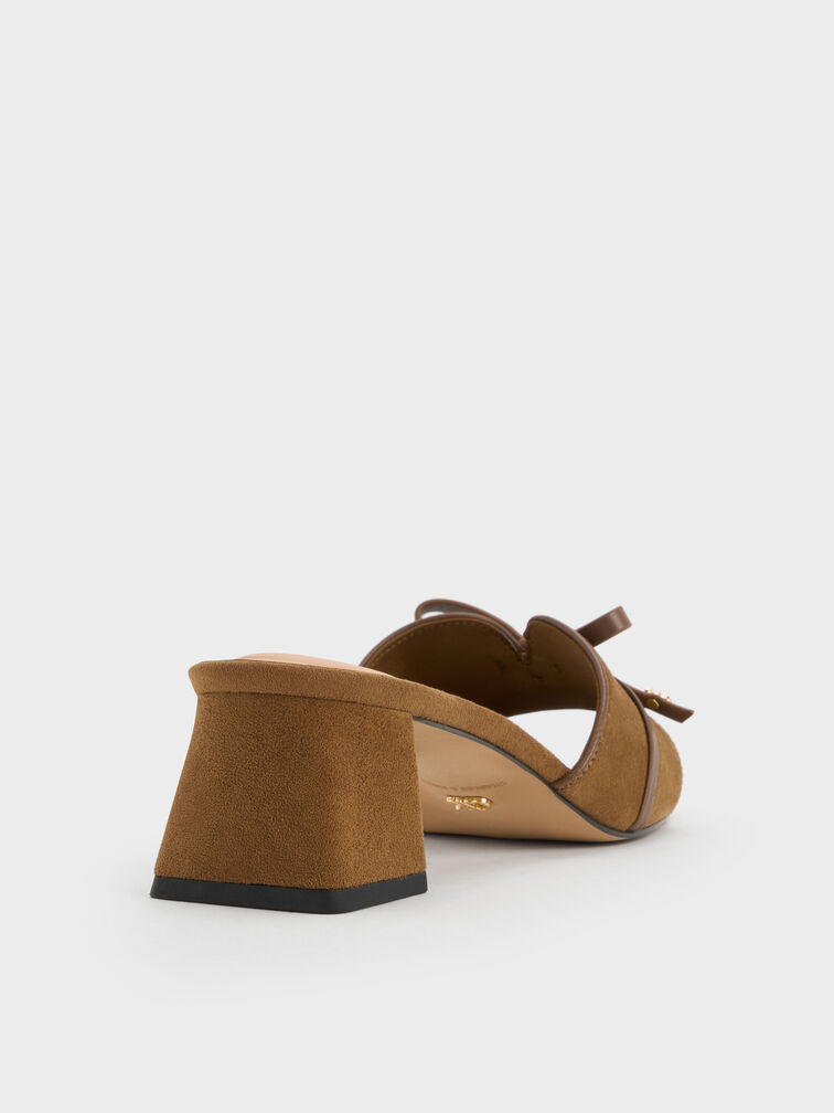 Mules &agrave; talon en cuir et daim avec n&oelig;ud, Marron, hi-res
