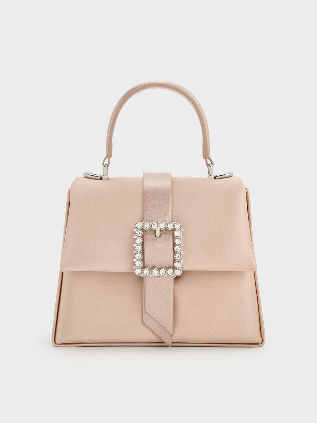 Bolsa de alça superior com cinto e fivela de cristal de cetim, Sunset Nude, hi-res