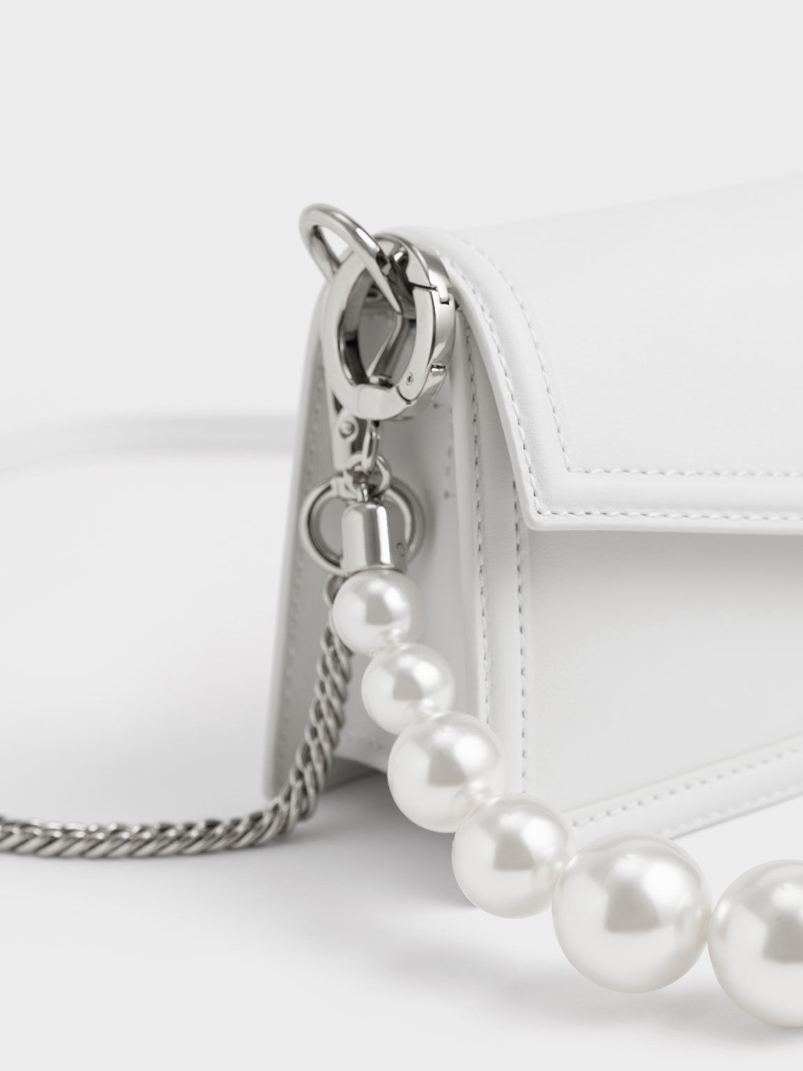 Leather Bead-Handle Envelope Bag, White, hi-res
