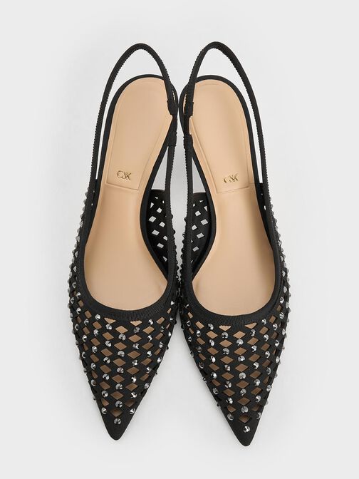 Zapatos destalonados recortados con tacón bajo y tachuelas, Negro, hi-res