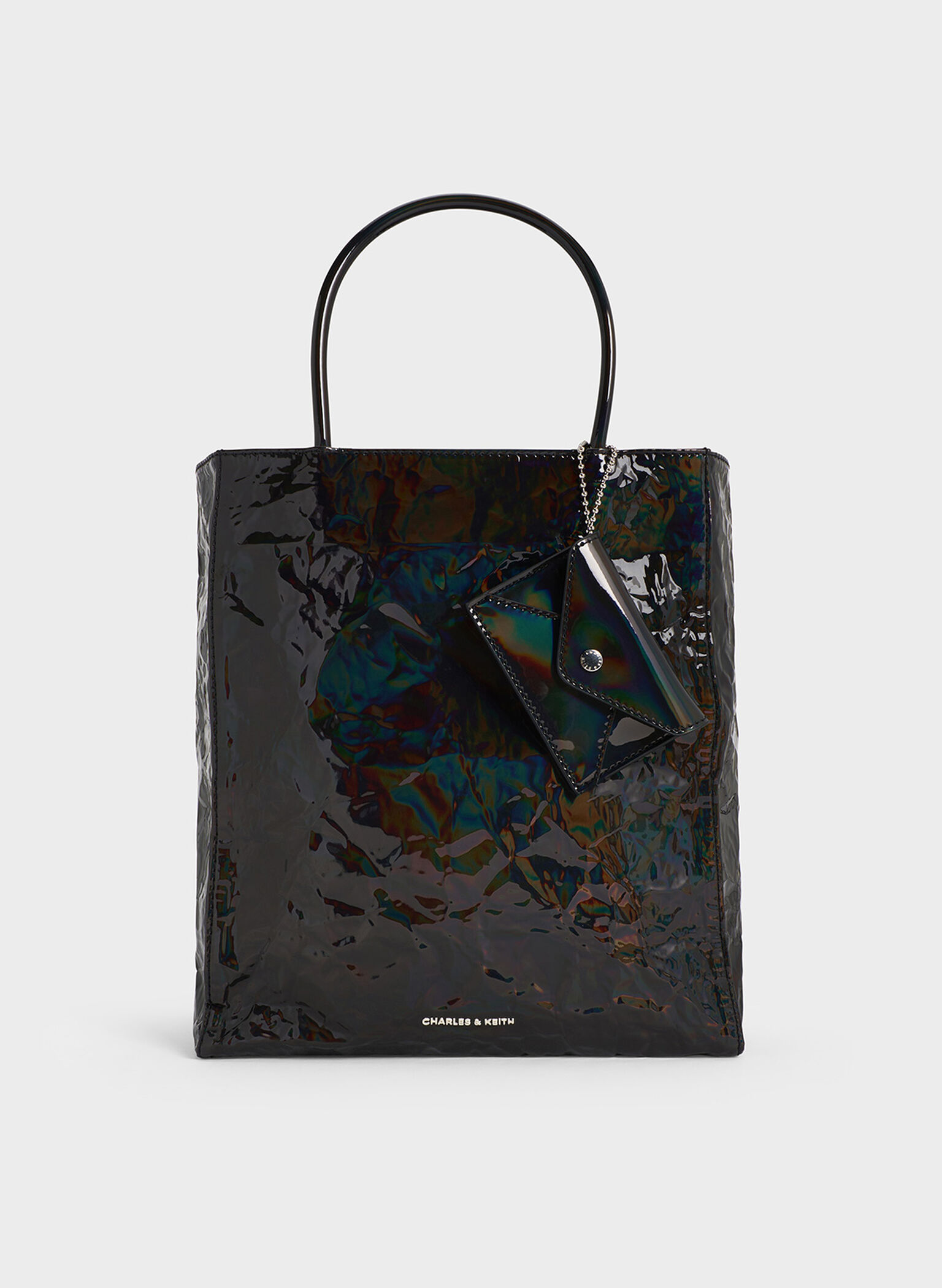 Large Matina Patent Crinkle-Effect Elongated Tote Bag, Prism Noir, hi-res