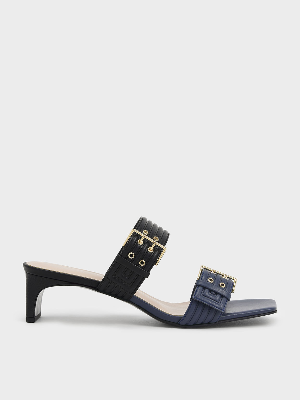 Double Buckle Blade Heel Mules, Blue, hi-res