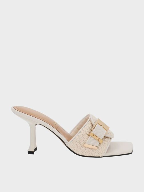 Whitney Leather & Raffia Buckled Heeled Mules, White, hi-res