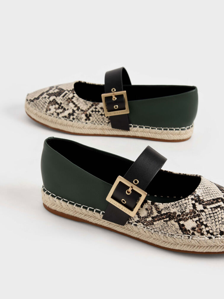 Snake-Print Buckled Espadrille Flats, Animal Print Natural, hi-res