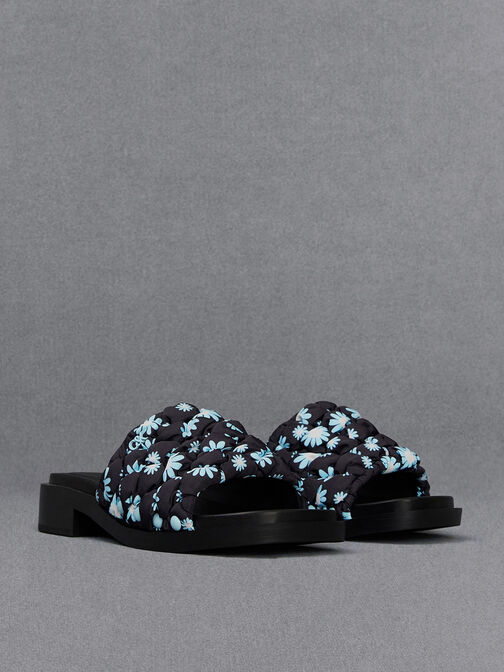 Nylon Puffy Floral-Print Sandals, Multi, hi-res