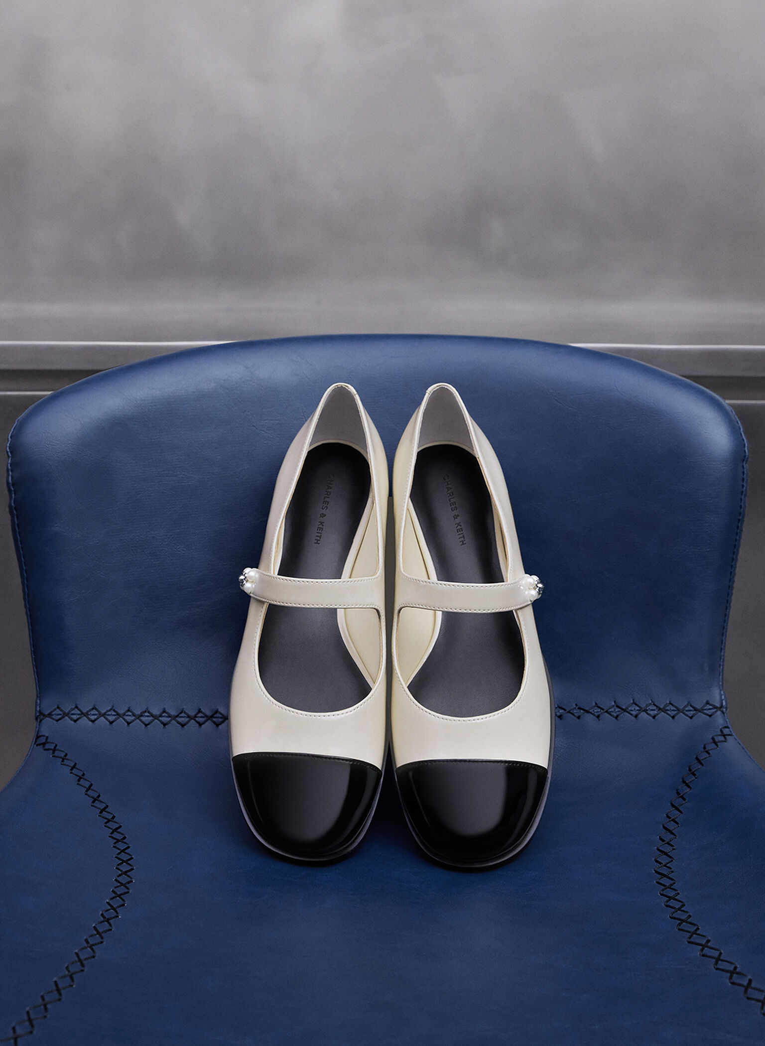 Patent Pearl-Embellished Flower-Buckle Cap-Toe Mary Janes, Chalk, hi-res