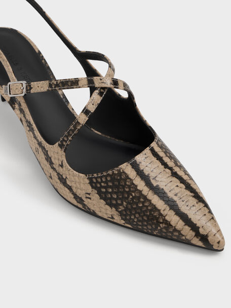 Pauline Snake-Print Crossover Kitten Heels, Animal Print Natural, hi-res