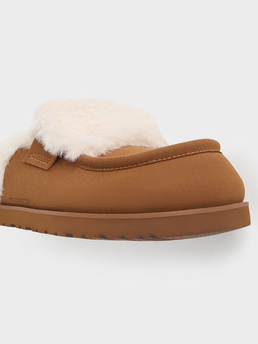 Textured Fur-Trim Flatform Mules, Brown, hi-res